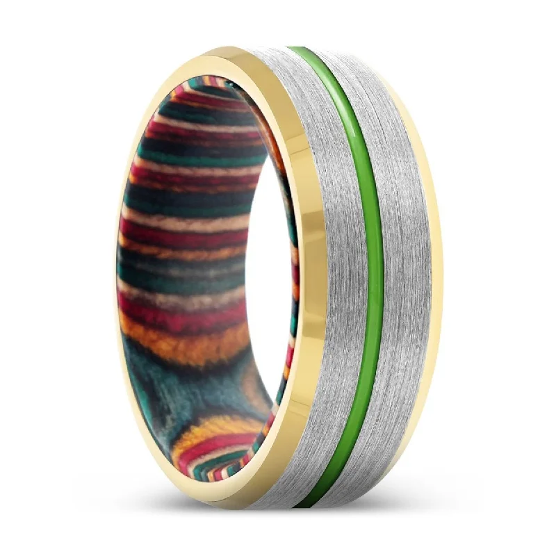 Women’s eternity band ring-KAZAM | Multi Color Box Wood, Silver Tungsten Ring, Green Groove, Gold Beveled Edge