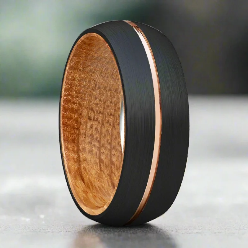 Women’s romantic engagement ring-ACALETA | Whiskey Barrel Wood, Black Tungsten Ring, Rose Gold Groove, Domed