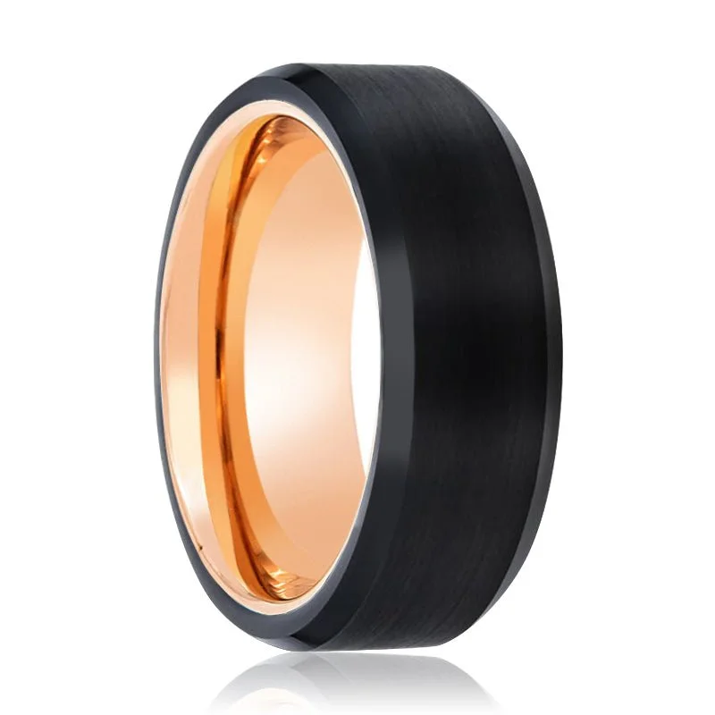 Women’s elegant wedding ring-DIABLO | Rose Gold Ring, Black Tungsten Ring, Brushed, Beveled