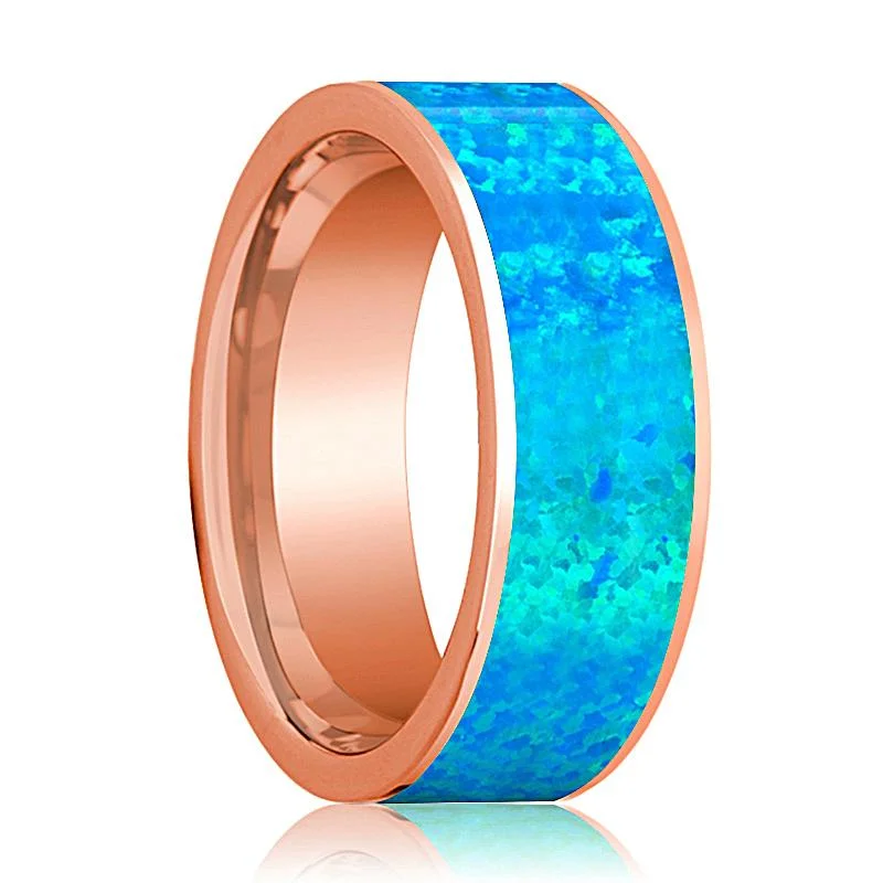 Women’s gold engagement ring-Flat 14k Rose Gold Men's Wedding Band with Blue Opal Inlay Polished Finish - 8MM