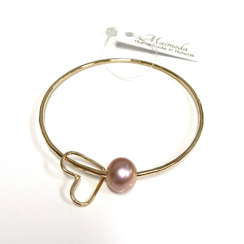 Women’s gold-plated bracelet-Bangle Lani - pink pearl & heart charm (B255)