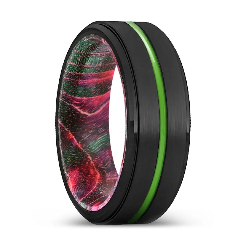 Women’s simple wedding band-ESCONDIDO | Green & Red Wood, Black Tungsten Ring, Green Groove, Stepped Edge