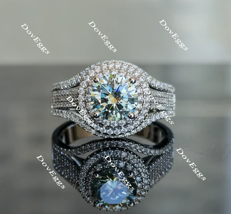 Women’s rose gold engagement rings-Doveggs round double halo Peacock blue moissanite engagement ring