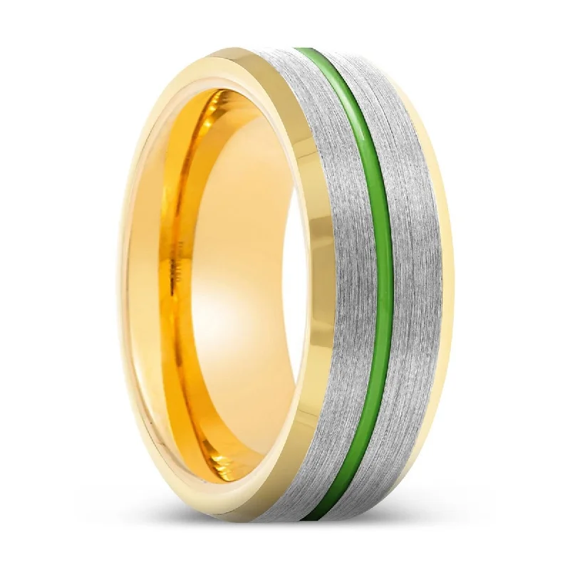 Women’s promise ring-ORACLE | Gold Ring, Silver Tungsten Ring, Green Groove, Gold Beveled Edge