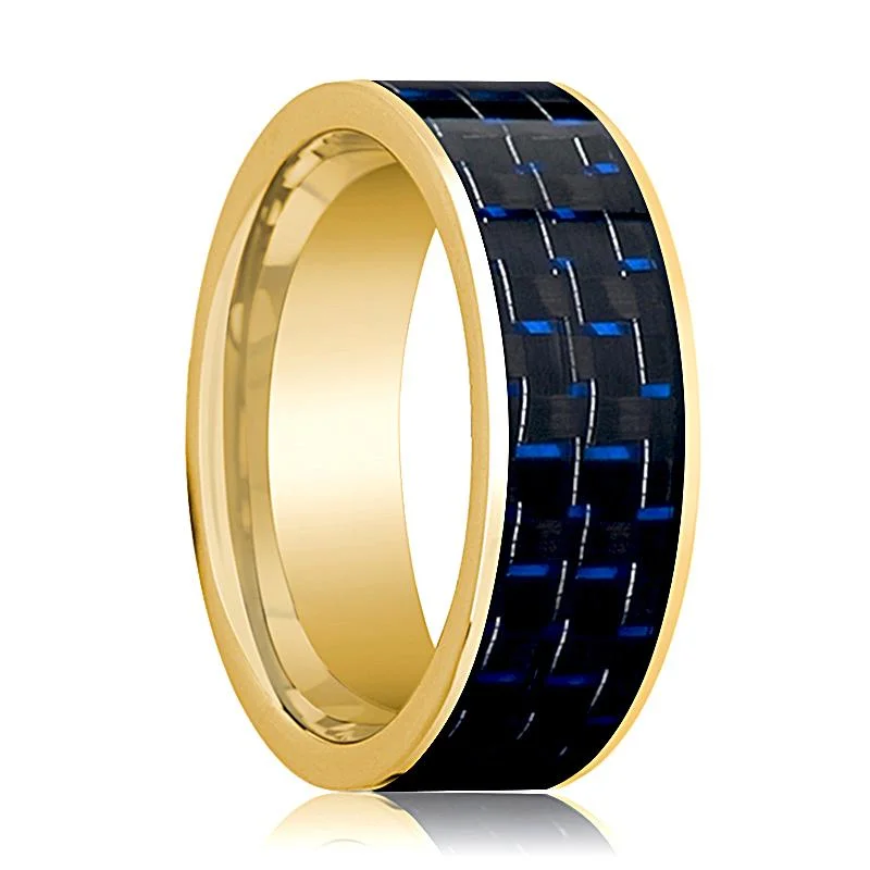 Women’s wedding ring set with diamonds-Flat Polished 14k Gold Wedding Band for Men with Blue and Black Carbon Fiber Inlay - 8MM