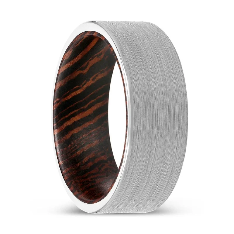 Women’s round diamond engagement ring-CHRISTOS | Wenge Wood, White Tungsten Ring, Brushed, Flat