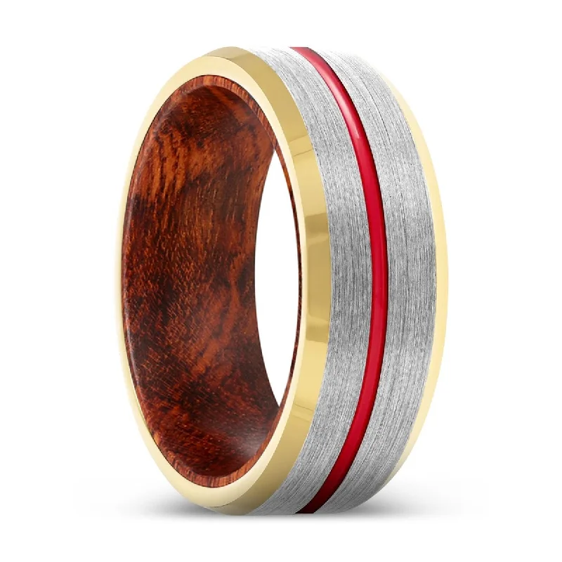 Women’s colorful engagement ring-MOXI | Snake Wood, Silver Tungsten Ring, Red Groove, Gold Beveled Edge