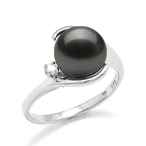 Women’s platinum engagement rings-Tahitian Black Pearl Ring in White Gold with Diamond - 9-10mm