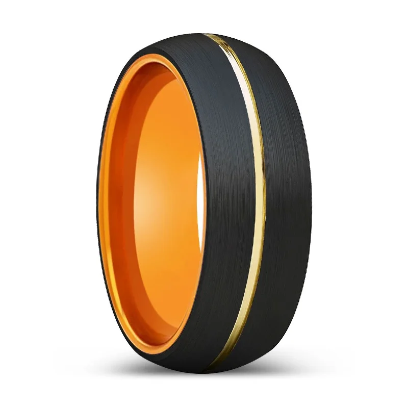 Women’s floral engagement ring-LECTER | Orange Ring, Black Tungsten Ring, Rose Gold Groove, Domed