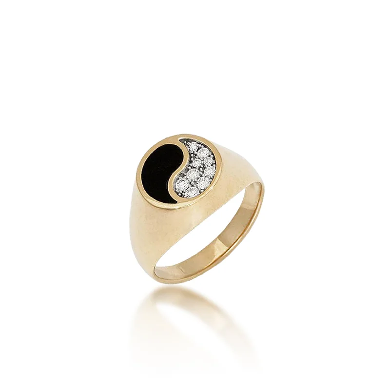 Women’s unique engagement rings-Yin Yang Black Coral Ring in Gold with Diamonds - 13mm