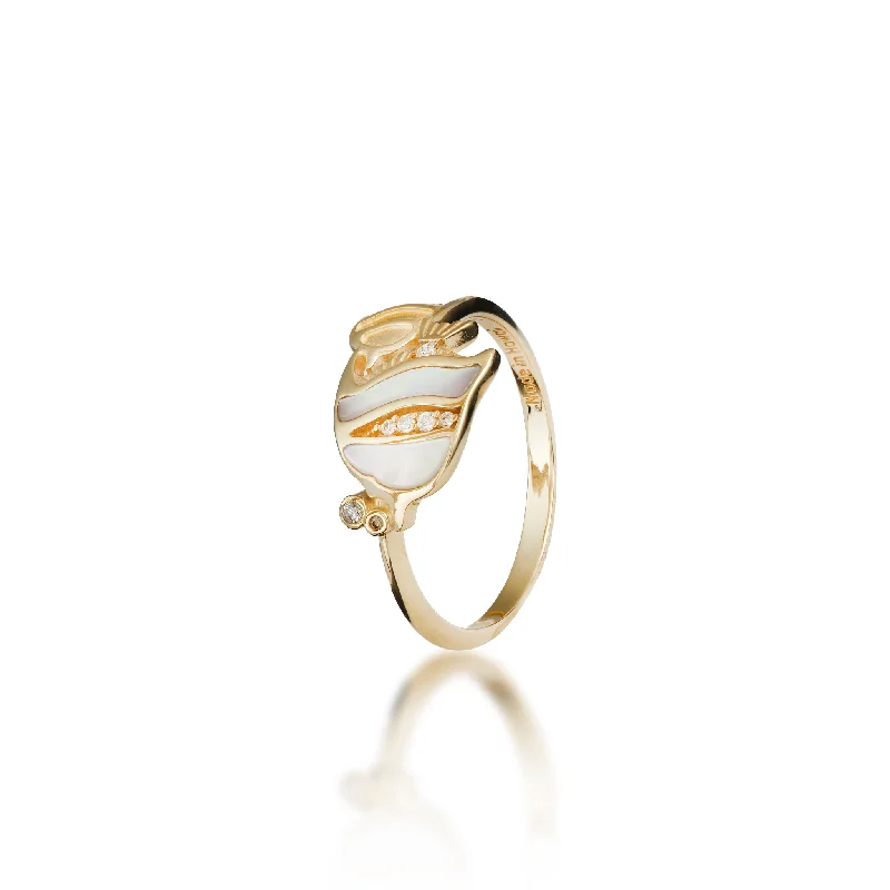 Women’s halo engagement rings-Sealife Angelfish Mother of Pearl Ring in Gold with Diamonds - 12mm