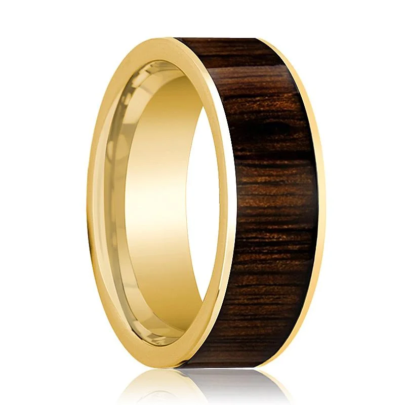 Women’s two-tone wedding ring-Black Walnut Wood Inlaid Men's 14k Yellow Gold Flat Wedding Band Polished Finish - 8MM