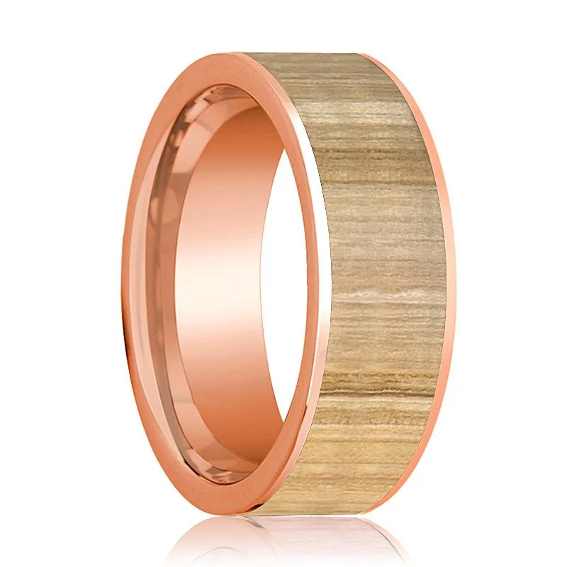 Women’s oval engagement ring-Men's Flat 14k Rose Gold Wedding Band with Ash Wood Inlay Polished Finish - 8MM