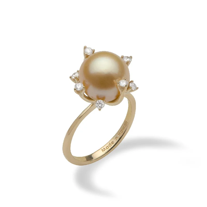 Women’s platinum engagement rings-Protea South Sea Gold Pearl Ring in Gold with Diamonds - 10-11mm