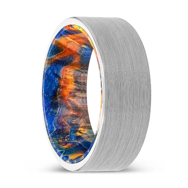 Women’s matching wedding bands-KAYLAN | Blue & Yellow/Orange Wood, White Tungsten Ring, Brushed, Flat