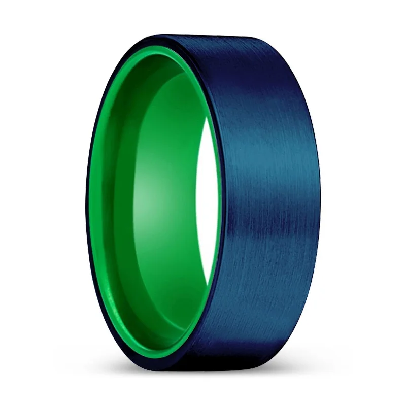 Women’s simple wedding band-RUVEN | Green Ring, Blue Tungsten Ring, Brushed, Flat