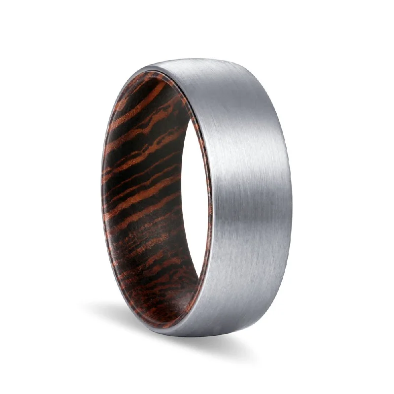 Women’s classic gold ring-SEED | Wenge Wood, Silver Tungsten Ring, Brushed, Domed