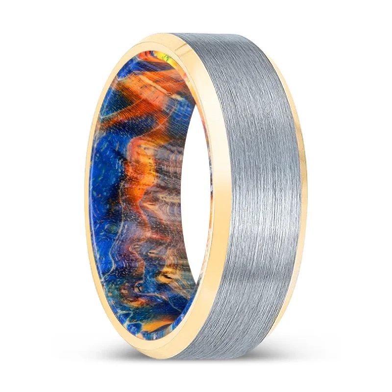 Women’s engagement ring with white diamonds-MUBARAK | Blue & Yellow/Orange Wood, Brushed, Silver Tungsten Ring, Gold Beveled Edges