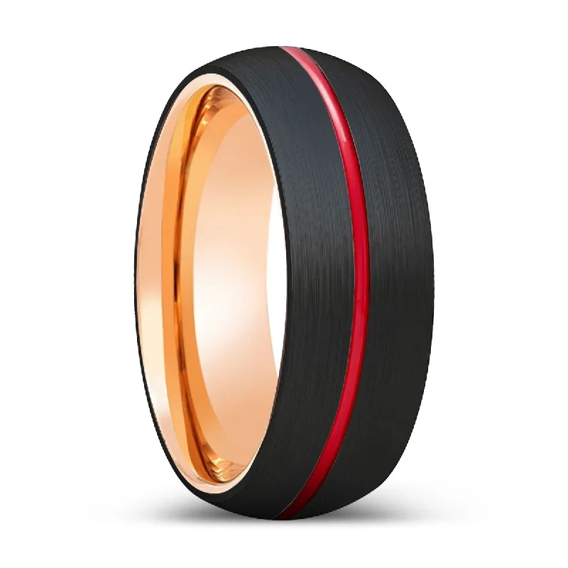 Women’s vintage gold ring-YOGHI | Rose Gold Ring, Black Tungsten Ring, Red Groove, Domed