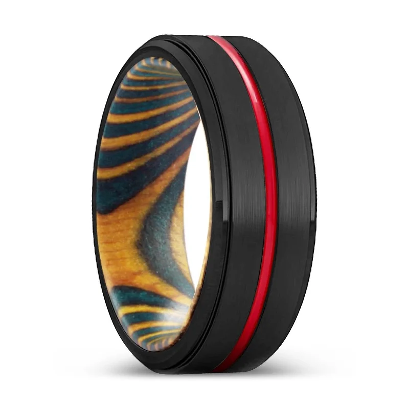 Women’s designer engagement rings-CHUCK | Green & Yellow Wood, Black Tungsten Ring, Red Groove, Stepped Edge