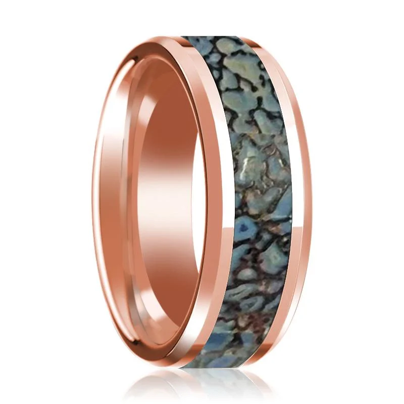 Women’s matching wedding bands-TITAN | 14k Rose Gold Blue Dinosaur Bone Inlay Ring