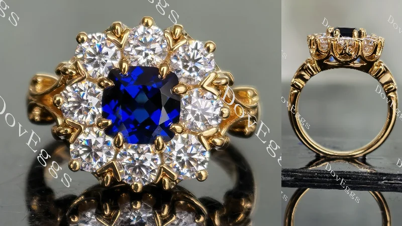 Women’s multi-stone engagement rings-DovEggs cushion halo intense royal blue sapphire colored gem engagement ring