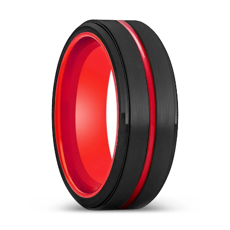 Women’s colorful engagement ring-DEVILBLOOD | Red Ring, Black Tungsten Ring, Red Groove, Stepped Edge