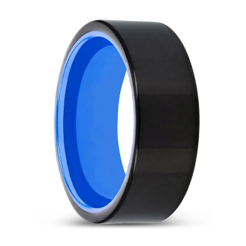 Women’s floral design engagement ring-MADDEN | Blue Ring, Black Tungsten Ring, Shiny, Flat