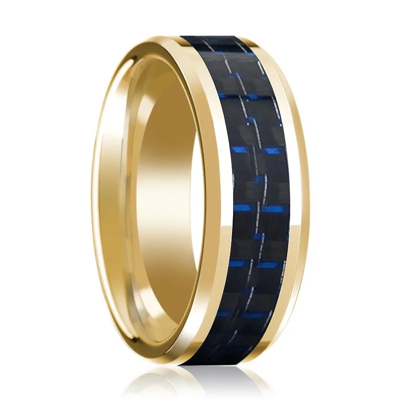 Women’s wedding band for her-Men's Polished 14k Yellow Gold Wedding Band with Blue & Black Carbon Fiber Inlay & Bevels - 8MM