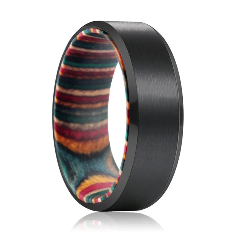 Women’s wedding ring set with diamonds-SPECK | Multi Color Wood, Black Tungsten Ring, Brushed, Beveled