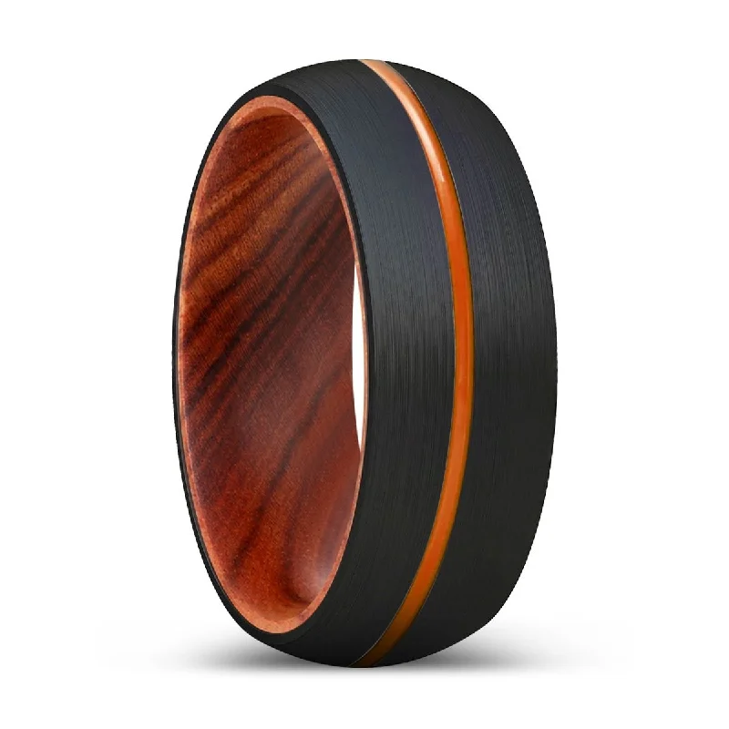 Women’s engagement ring set-PAVILION | IRON Wood, Black Tungsten Ring, Orange Groove, Domed