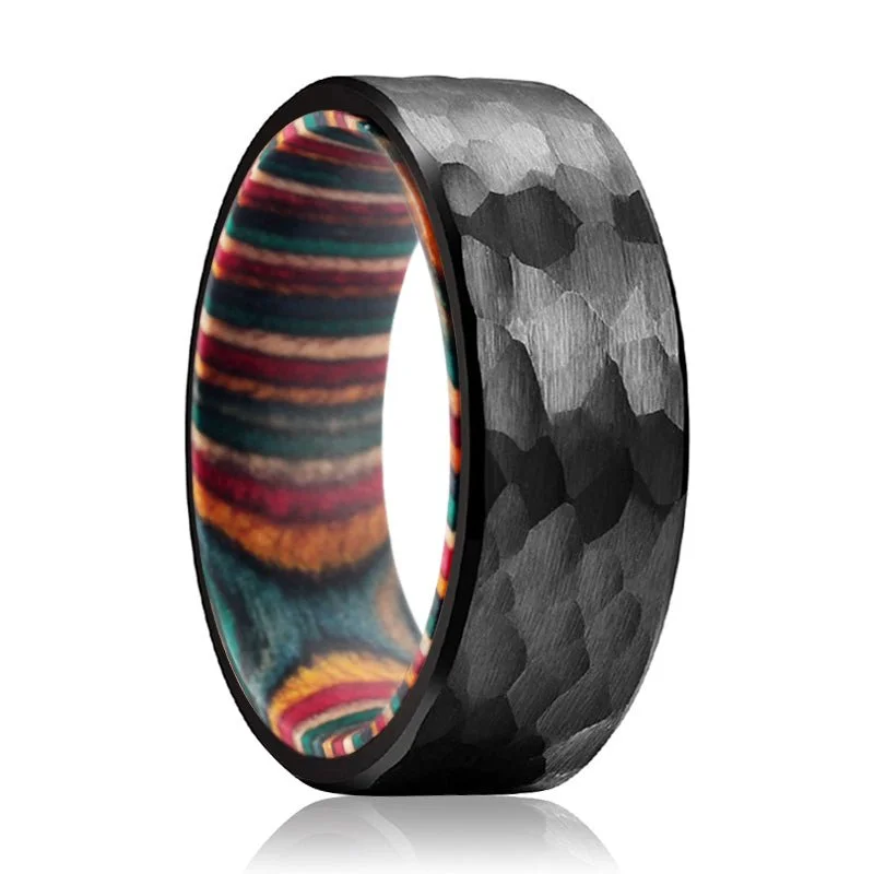 Women’s diamond ring with engraved band-MIRAI | Multi Color Wood, Black Tungsten Ring, Hammered, Flat