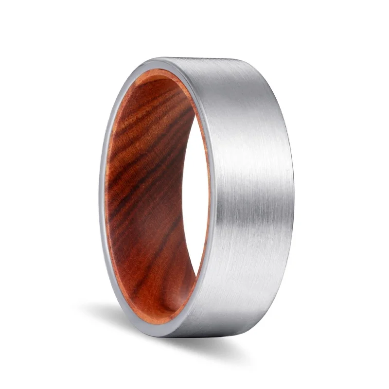 Women’s engagement ring with sapphire-COVE | Iron Wood, Silver Tungsten Ring, Brushed, Flat