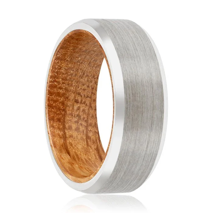 Women’s luxury diamond engagement ring-HOFFMAN | Whiskey Barrel Wood, Silver Tungsten Ring, Brushed, Beveled