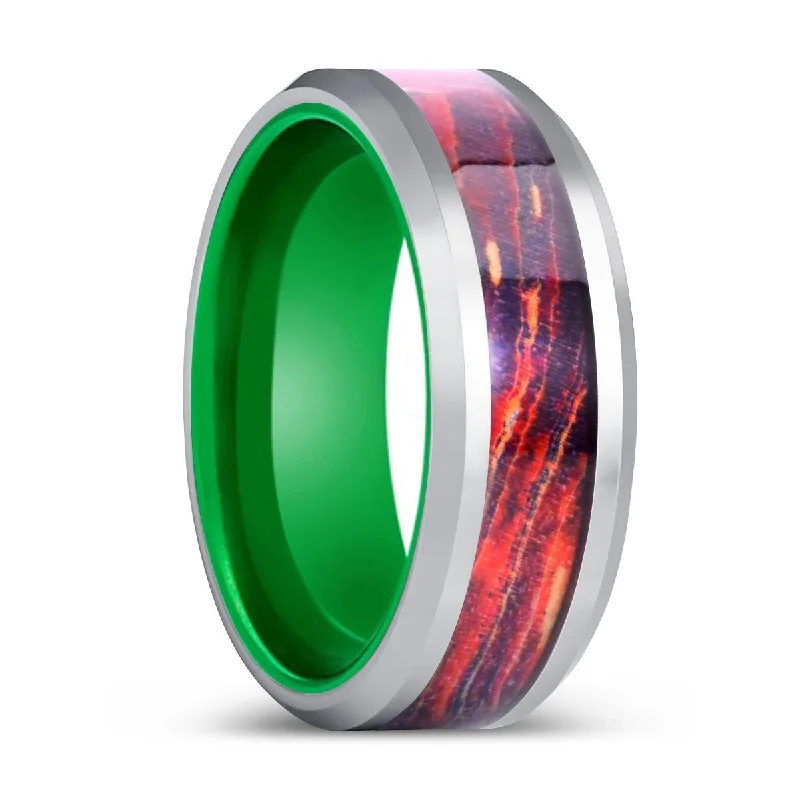 Women’s pear-shaped engagement ring-NEBULITH | Green Tungsten Ring, Galaxy Wood Inlay Ring, Silver Edges