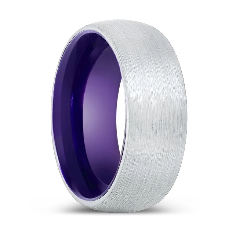 Women’s handmade wedding ring-REVEREND | Purple Ring, White Tungsten Ring, Brushed, Domed