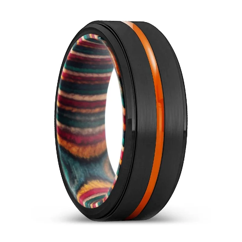 Women’s platinum wedding ring-GARLAND | Multi Color Wood, Black Tungsten Ring, Orange Groove, Stepped Edge