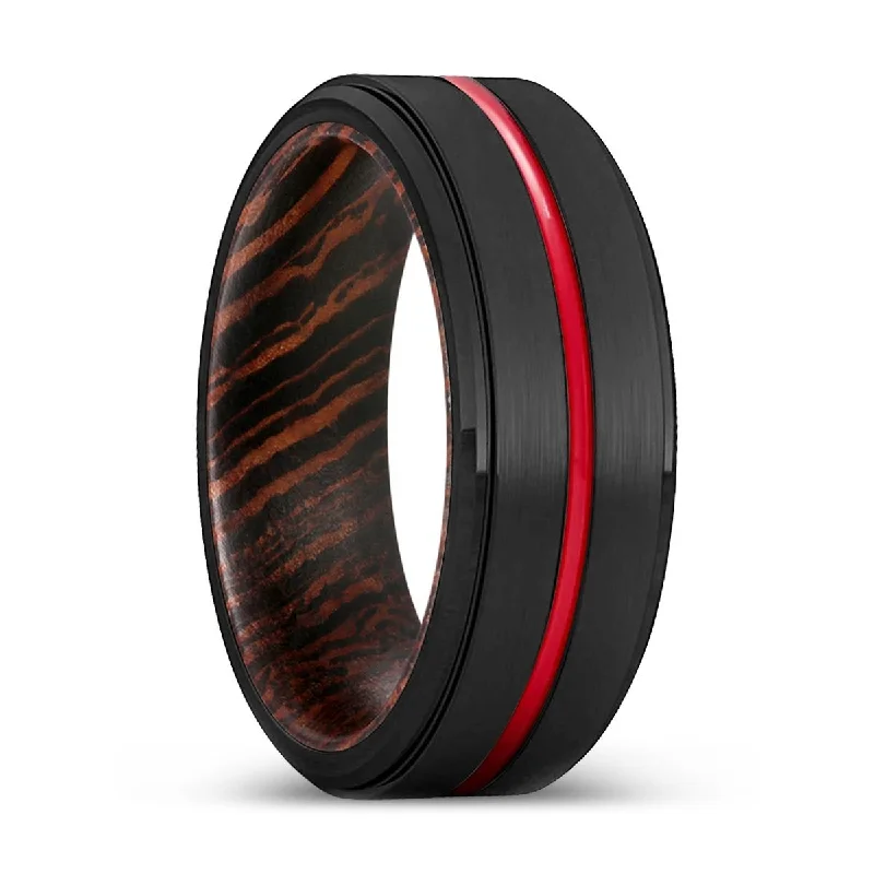 Women’s engagement ring with diamond-CHAPPIE | Wenge Wood, Black Tungsten Ring, Red Groove, Stepped Edge