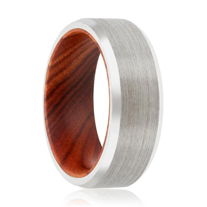 Women’s floral engagement ring-MEXELL | Iron Wood, Silver Tungsten Ring, Brushed, Beveled