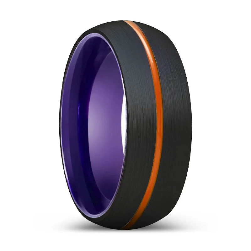 Women’s silver engagement ring-TITANUS | Purple Ring, Black Tungsten Ring, Orange Groove, Domed