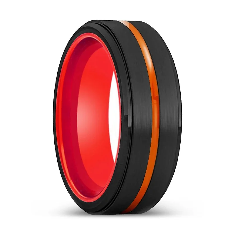 Women’s gemstone engagement ring-PROVIDENCE | Red Ring, Black Tungsten Ring, Orange Groove, Stepped Edge