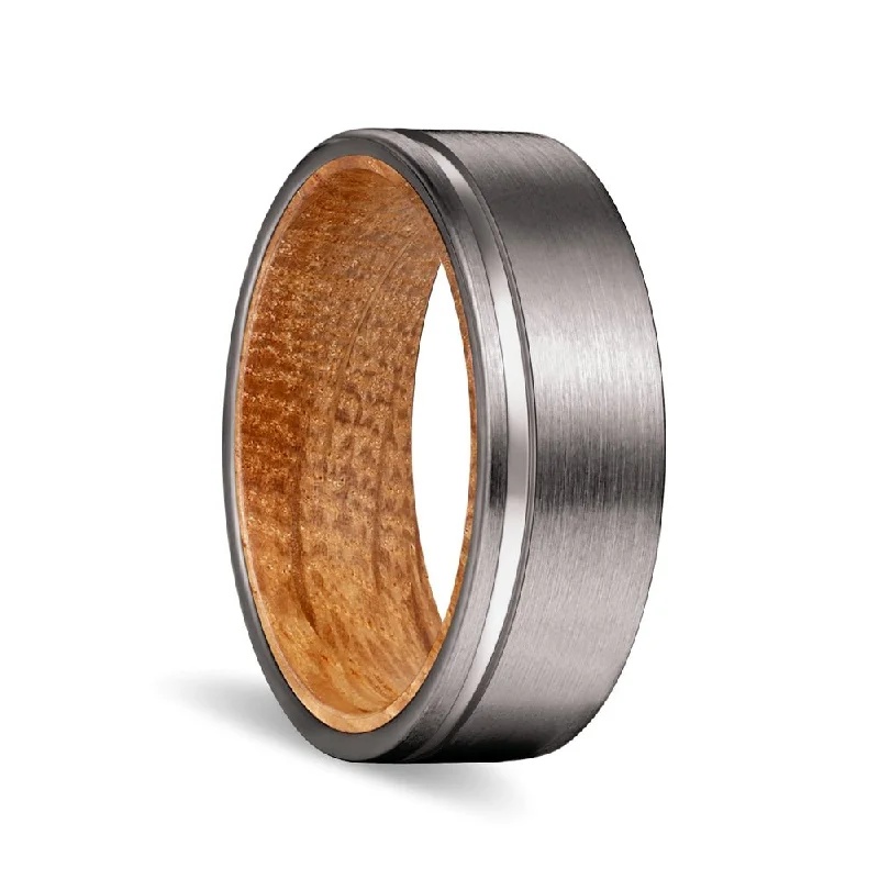 Women’s diamond ring with side stones-DAWSON | Whiskey Barrel Wood, Gunmetal Tungsten Offset Groove