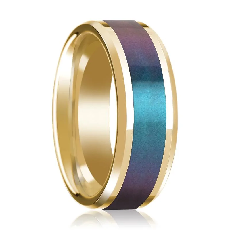 Women’s simple wedding band-Blue/Purple Color Changing Inlaid Men's 14k Yellow Gold Polished Wedding Band with Beveled Edges - 8MM