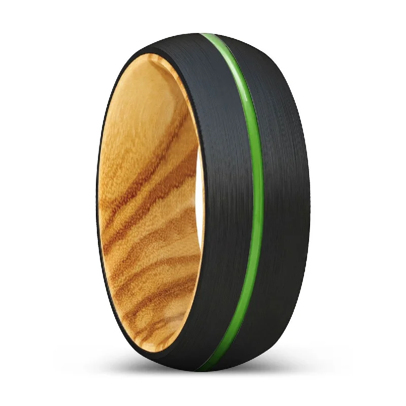 Women’s floral design engagement ring-OSTRICH | Olive Wood, Black Tungsten Ring, Green Groove, Domed