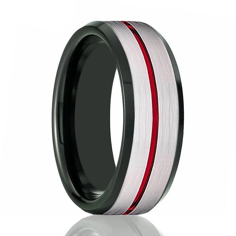 Women’s promise ring-SCORCH | Black Ring, Silver Brushed Red Groove Black Beveled