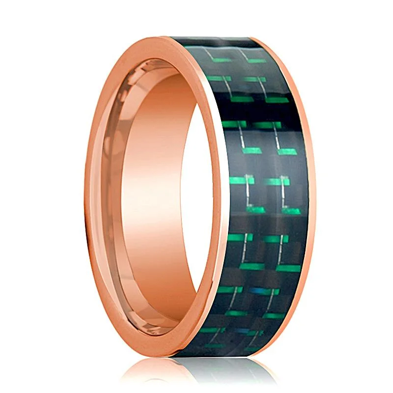 Women’s trendy gold rings-Men's Polished 14k Rose Gold Flat Wedding Band with Black and Green Carbon Fiber Inlay - 8MM