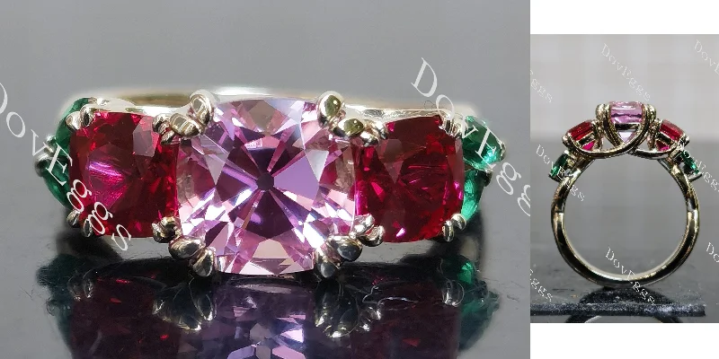 Women’s affordable halo engagement rings-Devra's Rose cushion art deco three stones colored gem engagement ring