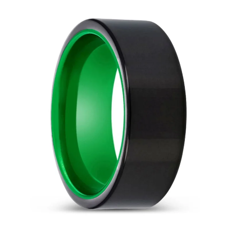 Women’s colorful engagement ring-KENTON | Green Ring, Black Tungsten Ring, Shiny, Flat