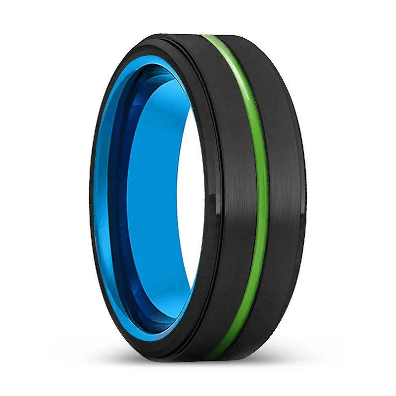 Women’s wedding ring with ruby gemstones-WACO | Blue Tungsten Ring, Black Tungsten Ring, Green Groove, Stepped Edge