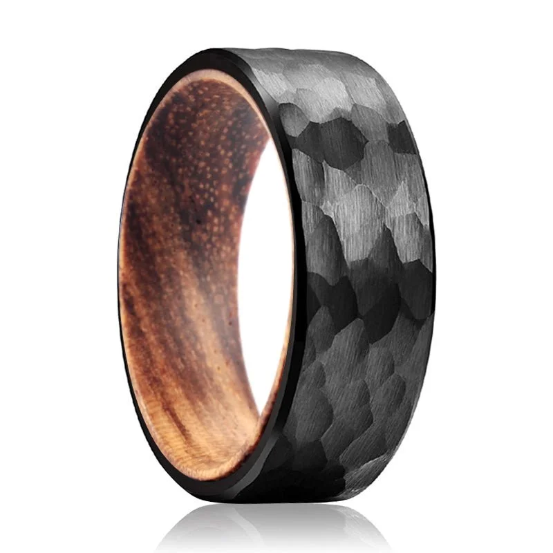 Women’s wedding ring with gemstones-BENDTAIL | Zebra Wood, Black Tungsten Ring, Hammered, Flat